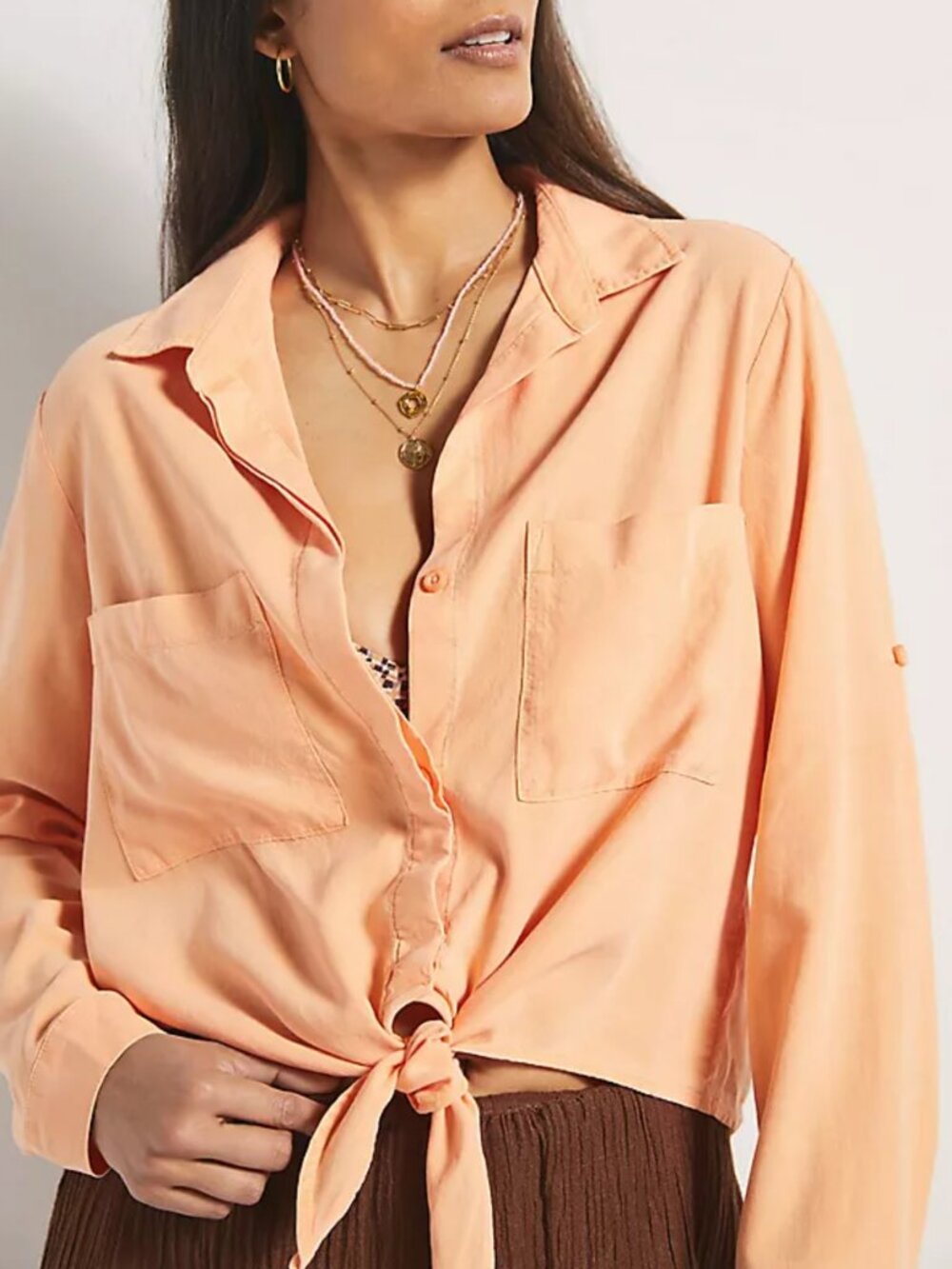 Anthropologie Cloth & Stone Tie-Front Pink Peach Long Sleeve Button Down Shirt S